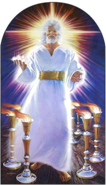 A mystical depiction of an elderly man with white hair and beard, dressed in a long white robe with a golden belt, standing with outstretched arms. In front of him are seven golden candlesticks emitting bright light, set against a radiant celestial background.