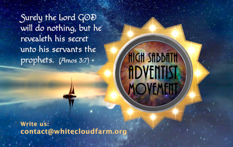 Graphic featuring a celestial-inspired emblem centered on a starry sky background with a ship sailing on tranquil waters below. The emblem includes the text "High Sabbath Adventist Movement". Above, a biblical quote from Amos 3:7, "Surely the Lord GOD will do nothing, but he revealeth his secret unto his servants the prophets."