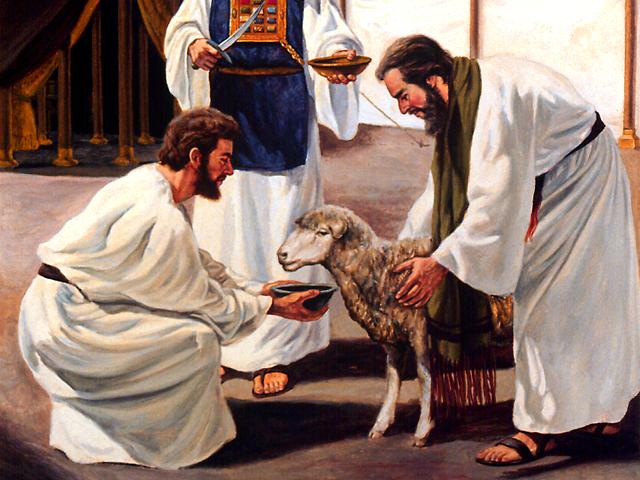 An oil painting depicting three ancient men, two of whom interact with a lamb. One bearded man stands holding a ceremonial bowl, while another crouches to give the lamb a bowl of water. The setting includes ornate columns and a bare floor, representing a historical or biblical scene.