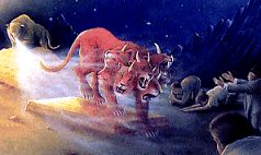 Illustration of multiple fierce lions emerging from a shining celestial body under a star-filled sky, with figures in tunics observing them in awe.
