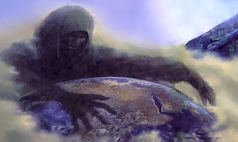 A mystical figure shrouded in clouds holds a sphere representing Earth, with a backdrop of a celestial scene, symbolizing themes from the Mazzaroth.
