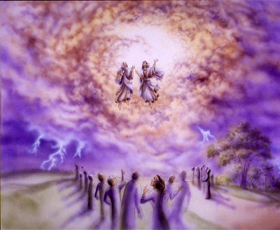 A celestial scene depicting a group of humans in long robes looking towards a vibrant, swirling cloud formation in the sky. At the center, illuminated by radiant light, two angelic beings are floating. Lightning bolts and a hint of trees enhance the mystical environment.