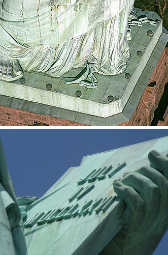 Two images of a large statue. The first image shows a close-up of the statue's feet draped in a stone robe, standing on a star-shaped platform, symbolizing foundational strength. The second image shows a detailed view of a tablet held by the statue, marked with Mazzaroth symbols representing time's passage, supported by a sculpted hand.