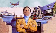 Illustration of a smiling man in a yellow jacket standing confidently with his arms crossed in front of a lavish scene featuring a yacht, a sports car, a private airplane, and an upscale house.