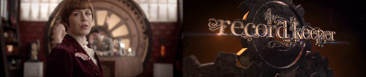 A woman with a bob haircut, dressed in a vintage maroon jacket and blouse, stands in a room featuring a large circular window and shelves filled with books. Beside her, the image transitions into a stylized logo set against a dark background with rocky texture, reading "The Record Keeper" in elaborate script surrounded by glowing elements.