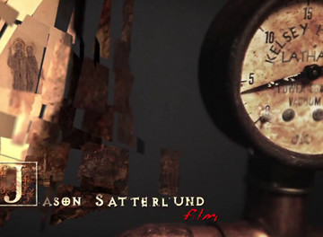 A close-up view of a telescope eyepiece focusing on a background that includes various fragmented images possibly representing celestial events or figures, with the text "Jason Satterlund Film" overlaid.