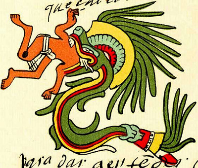 Illustration of a mythical creature representing a constellation in the Mazzaroth, depicted as a winged man with an eagle's tail and a serpent entwined, colored in hues of green, red, and beige.
