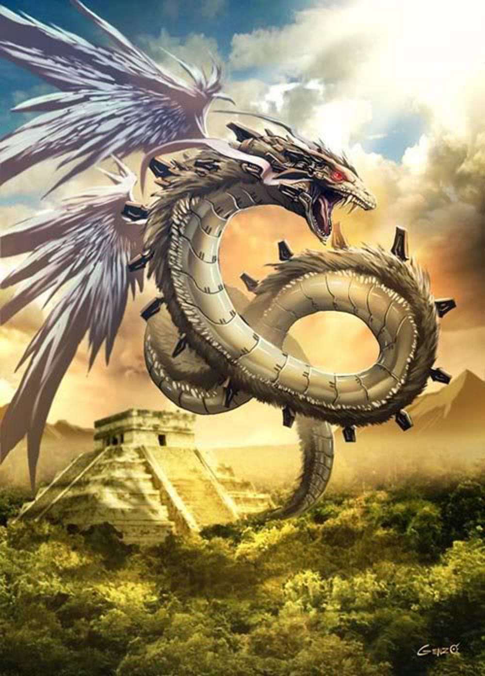A mythical dragon with metallic scales and sharp wings hovers above an ancient pyramid amidst a lush green forest. The backdrop features a soft, golden sky with gentle clouds suggesting an early morning or late afternoon light.