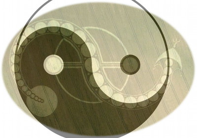 Illustration of two interconnected circles forming a balanced and symmetrical symbol, set against a textured background reminiscent of parchment, with celestial embellishments subtly integrated.