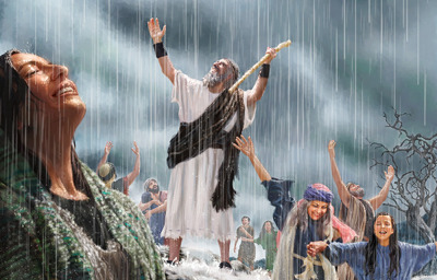 A painting of several joyful people from ancient times celebrating under a heavy rain. A bearded man in the center, clad in a white robe, raises his arms and wooden staff towards the heavens as women and men around him smile broadly, their hands reaching upwards.