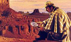 A man in a explorer’s hat and striped jacket sits on a rocky ledge overlooking a vast, desert canyon. He is intently studying a circular artifact with symbols that resemble the Mazzaroth.
