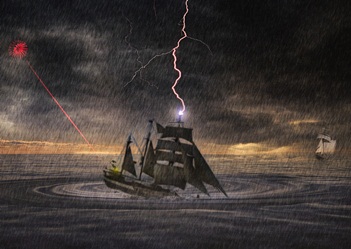 A dramatic scene of a sailing ship navigating through turbulent waters under a stormy sky, struck by lightning. A red celestial body glows ominously, emitting a beam towards the water, creating mystical patterns on the surface, reminiscent of celestial phenomena.