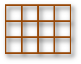 A simple grid layout with three rows and four columns, outlined in orange on a black background.