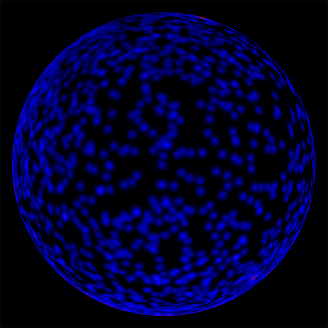 A spherical representation illuminated in blue, featuring patterns resembling the constellations associated with the Mazzaroth on a dark background.