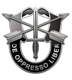 Emblem featuring a silver sword pointing upwards, flanked by two arrows pointing diagonally upward and outward, set against a pair of wings that are spread outward and upward, forming an arch above the sword and arrows. Encircling this design is a circular black band containing the inscribed Latin phrase "De Oppresso Liber."