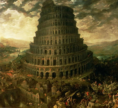 An artistic depiction of the Tower of Babel, a large circular stone structure under construction, surrounded by busy crowds and set against a dramatic cloudy sky.