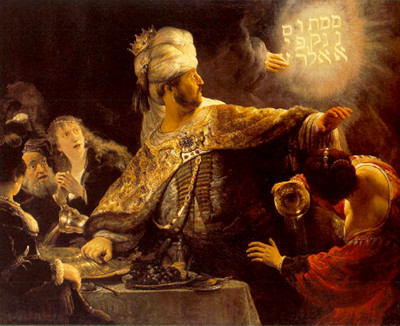 An oil painting depicting a dramatic scene in a royal court. A man in opulent attire, possibly a king, gestures towards mysterious glowing writing on the wall, reminiscent of ancient celestial script, while his courtiers react with awe and fear. A woman in red kneels at the table, which is adorned with fruits and a goblet. The scene is lit dramatically, emphasizing the shock and confusion among the attendees.