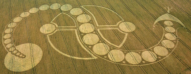 An aerial view of a crop circle depicting interconnected circular and geometric designs on a green field. The pattern resembles an artistic rendering possibly linked to the Mazzaroth.