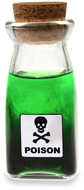 A small glass bottle sealed with a cork, containing a bright green liquid. The bottle has a white label with a black skull and crossbones icon and the text "POISON."