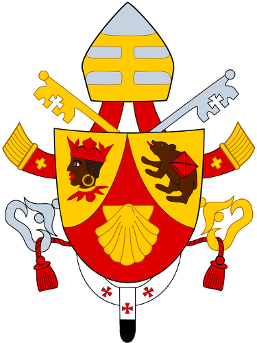 Heraldic coat of arms featuring a yellow and red shield divided into four quadrants. The top left quadrant displays a red crown and a red creature resembling a bull. The top right quadrant shows a brown bear standing upright. The bottom left hosts a large golden shell on a red background, and the bottom right holds a red symmetrical pattern. The shield is topped with a bishop's mitre, accompanied by a bishop's crook and a key crossed behind it, framed by ornamental yellow scrolls with red tassels.