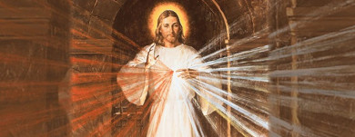 Illustration of a figure with a glowing halo, standing in a tunnel-like structure with rays of light radiating from the figure's heart, reminiscent of celestial imagery.