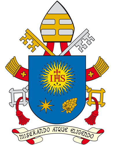 A detailed coat of arms featuring a blue shield with a radiant sun inscribed with "IHS" at the center, a star, and a grape cluster beneath. The shield is topped with a bishop's mitre flanked by crossed keys and a bishop's crozier. Surrounding the shield are red tassels and a ribbon at the bottom with the motto "Miserando atque eligendo".