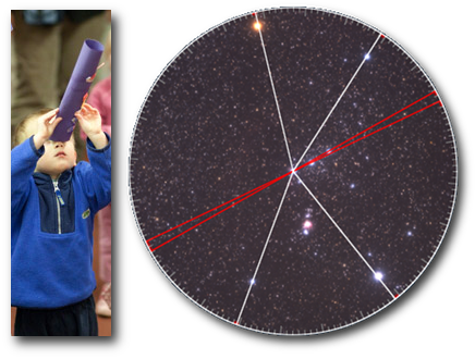 A young child gazes through a homemade telescope at a celestial chart depicting constellations, with lines dividing the chart into segments and highlighting specific stars.