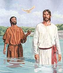 Illustration of a biblical scene featuring two men standing in water; one dressed in a white robe with a red waist sash appears introspective, while the other in a brown robe points upward. Above them, a dove descends against a backdrop of a clear sky and lush greenery.