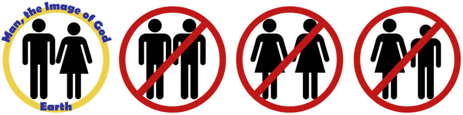 A series of four circular icons in a horizontal arrangement. The first icon is circled in yellow featuring a male and a female figure side-by-side, with the phrase "Made in the image of God Earth" above and below. The next three icons are circled in red with a prohibitory slash running diagonally across each, depicting male and female figures standing next to each other, but with no further text or decoration.