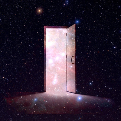 An open door stands on a starry space background, its frame illuminated by an array of celestial lights. The doorway reveals a radiant nebula-like pattern suggesting a portal to a cosmic dimension.