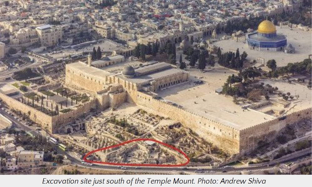 Aerial view of an archaeological excavation site just south of the Temple Mount, featuring the prominent, ancient walls surrounding the structure, and densely built residential areas nearby. The Dome of the Rock with its golden dome is visible to the north of the excavation site.