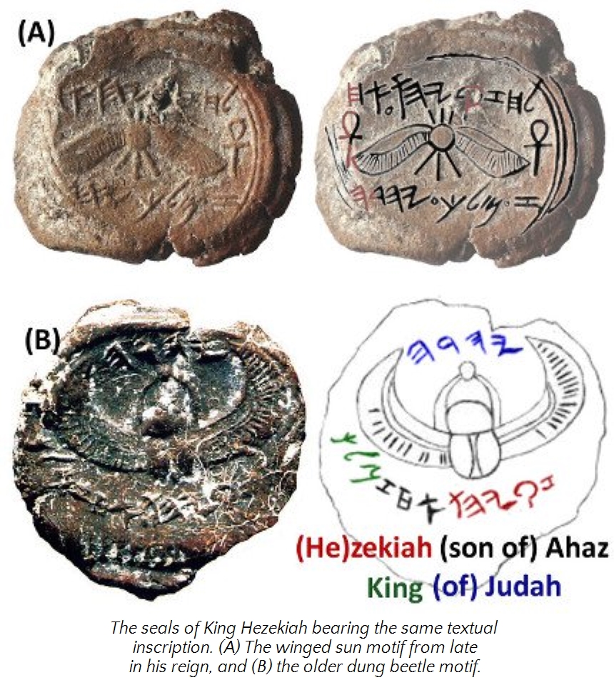 Image displaying two ancient seals. Seal (A) features a winged sun design, common in late antiquity, with a paleo-Hebrew inscription. Seal (B) is more eroded, showing a traditional scarab design, often associated with creation themes, also accompanied by a paleo-Hebrew inscription. Annotations provide translations and identify the seals as belonging to King Hezekiah of Judah.