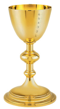 A golden chalice with numerical engravings on its bowl, arranged vertically from one to six.