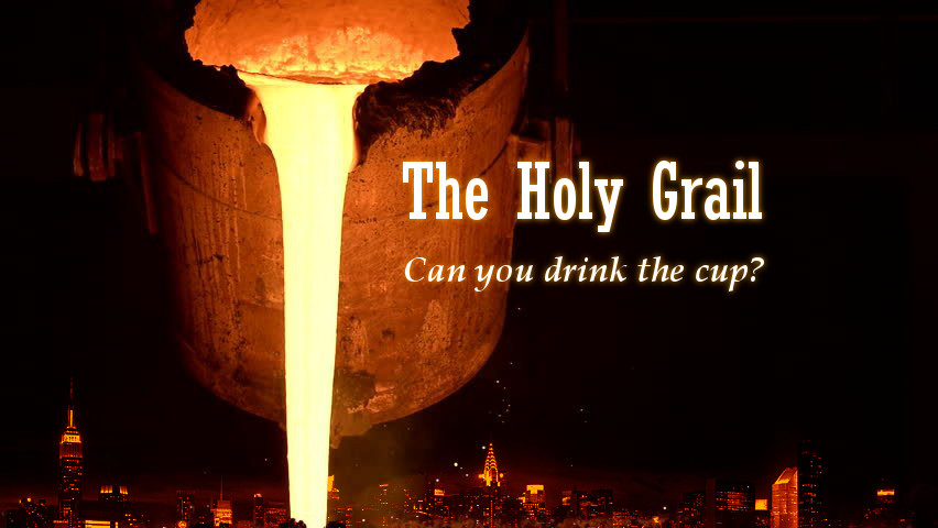 A striking image featuring a large celestial body pouring a luminous liquid over a city skyline at night, with text overlaid that reads "The Holy Grail, Can you drink the cup?"