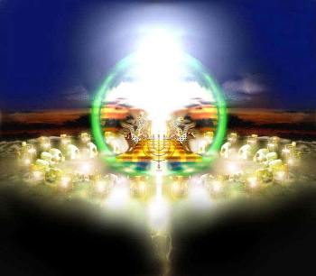A vividly colorful image depicting a glowing spherical object set against a cosmic backdrop, flanked by mirrored images of winged creatures, hovering above a symmetrically aligned group of lamps on a reflective surface. The atmosphere evokes a sense of celestial wonder, akin to imagery from the realms described in astronomical and biblical texts.