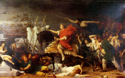 A dramatic classical painting portraying a chaotic battlefield scene. A central figure in a red cloak rides a chariot drawn by white horses, charging forward with a sphere held high. Fallen warriors, desperate civilians, and scattered weapons fill the foreground under a murky sky that hints at celestial turmoil, possibly referencing the cycles of the Mazzaroth.