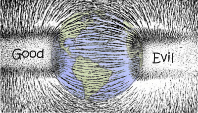 An artistic representation depicting a dichotomy between good and evil using two labeled halves encircling a central image of the Earth. The left side, marked "Good," and the right side, marked "Evil," are textured with swirl patterns resembling those found in depictions of celestial phenomena.