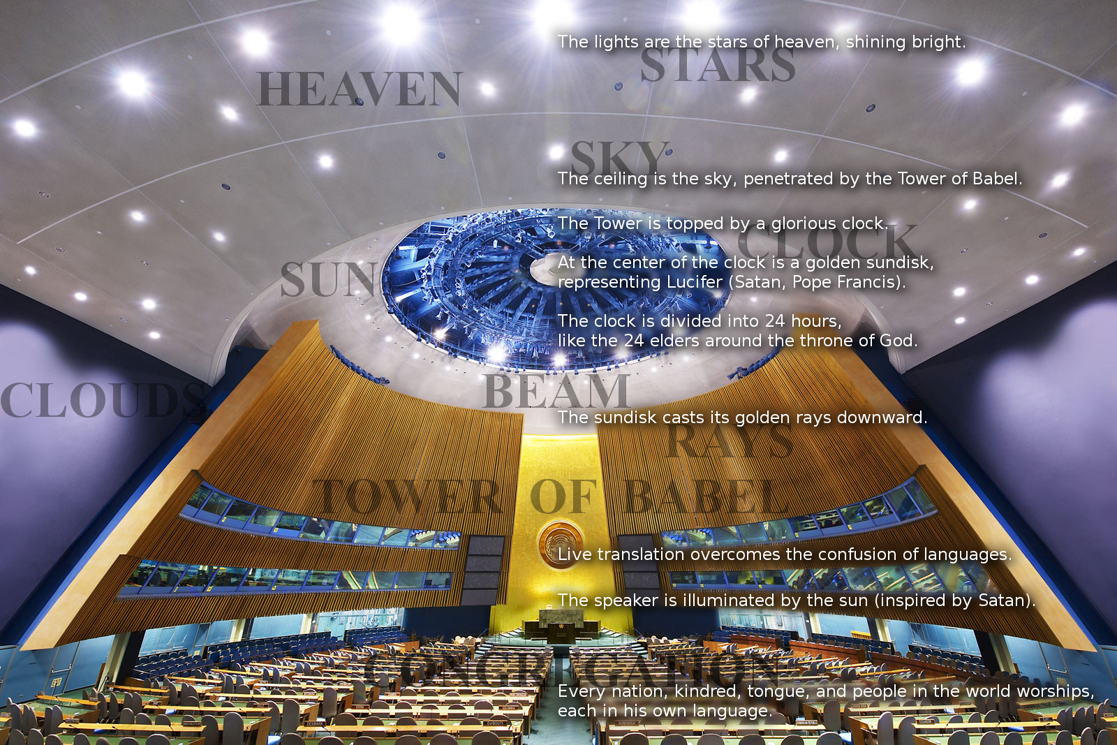 Interior view of a modern auditorium with a vast celestial theme. The ceiling is illuminated by numerous lights resembling stars. A central, circular structure at the ceiling, suggestive of a modern interpretation of the Tower of Babel, is adorned with a large, radiant structure resembling a clock with a golden center. The auditorium seats are arranged in a semi-circle, bathed in sunlight filtering through a large vertical window that reinforces a sense of divine illumination.