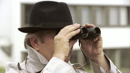 An older adult using binoculars to closely observe the heavens, possibly studying celestial bodies or searching for constellations in the Mazzaroth.