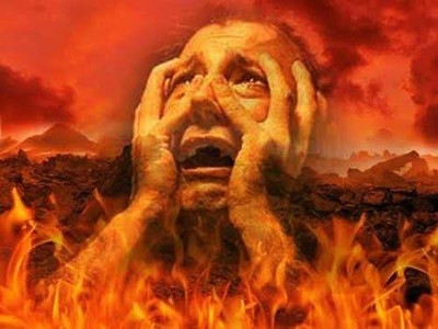 A surreal depiction of a person with a distressed expression, hands on their face, emerging from flames beneath a fiery sky tinged with orange and red hues that resemble the celestial phenomenon observed in nebulae and solar flares.