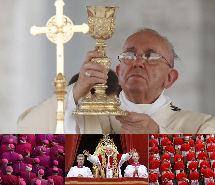 A collage of three images showcasing significant moments in ecclesiastical ceremonies. Top image features an older man in white clerical robes solemnly holding up a golden chalice, closely flanked by a symbolic cross. Bottom-left image captures a group of individuals in pink and red robes seen from a top view, arranged loosely in a square formation. Bottom-right portrays an elderly man in ornate white and gold vestments, energetically addressing a crowd, flanked by two men in white, under a golden canopy, with a sea of red-robed figures in the background.