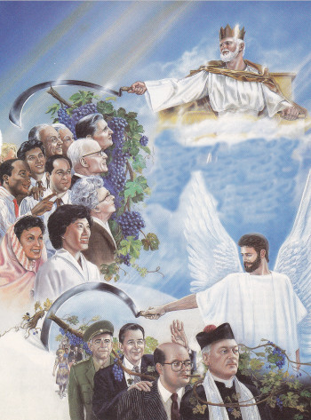 Illustration depicting a celestial scene with an angel wielding a sickle amidst clouds, with a diverse group of people below, some dressed in modern and others in traditional attire, standing beside lush grapevines.