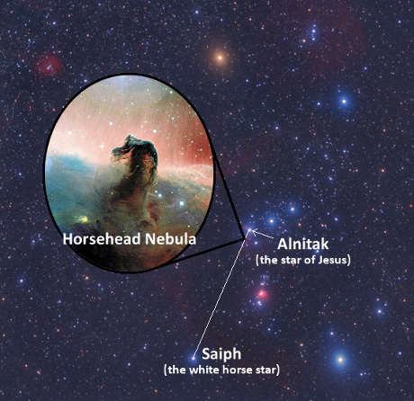 A composite image showing a constellation with detailed annotations over a starry background. The image features the Horsehead Nebula prominently and identifies stars including Alnitak, described as the star of Jesus, and Saiph, referred to as the white horse star. The nebula and stars are set against a vivid backdrop of deep space filled with numerous other stars.