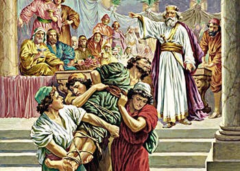 A vibrant historical painting depicting a group of men in ancient attire, interacting dramatically in a grand hall. The central figures are engaged in a dispute, with one man being restrained by others, while another authoritative figure gestures emphatically towards them.