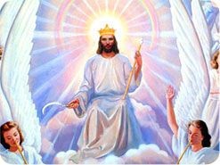 Illustration of a regal figure in white and blue robes, crowned with light, holding a scepter, with two kneeling angels by his side. A radiant glow emanates from behind, symbolizing divine authority.