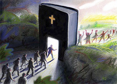 An artistic depiction of a group of people moving from a shadowed area towards a brightly lit, open doorway in a large black monolith with a golden cross on it. Another group is shown rejoicing under a sunrise in a verdant landscape.