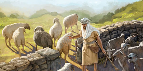 An illustration of a shepherd in biblical attire, interacting peacefully with a flock of sheep and goats atop a stone wall, set against a backdrop of a luscious green landscape under a serene sky.