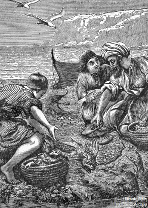 A vintage illustration of three individuals by a lakeside. One child on the left crouches while handling fish into a basket, another child gazes towards a seated elder man who instructs or tells a story. They are outdoors, with cliffs and soaring birds in the background under an implied celestial canopy.