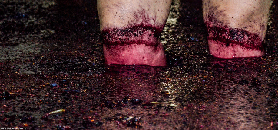 Close-up photo of a person's lower legs and feet standing on a wet, reflective surface, with the feet and ankles visibly stained in deep red. The image captures the gritty details of the ground scattered with tiny, sparkling particles.