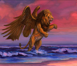A vibrant painting of a mythical creature with the body of a lion and the wings of an eagle, striding powerfully across a body of water under a vivid sunset sky.